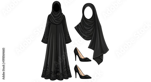 Black Abaya with Hijab and High Heels Fashion Illustration.