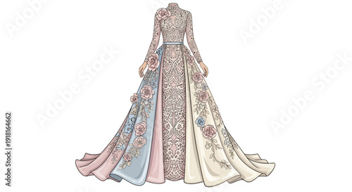 Elegant long-sleeved wedding dress with floral embroidery and pastel colors.