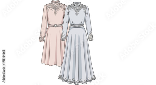 Elegant long-sleeved dresses with intricate neckline designs and flowing skirts.