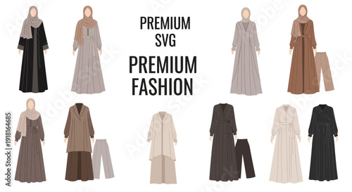 Collection of Muslim women's clothing illustrations in various styles and colors.