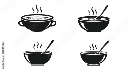 Four steaming bowls of soup depicted in black silhouette