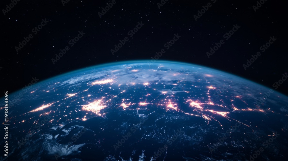 Obraz premium Luminous turquoise earth from space with neon pink glows at night