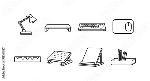 Professional office desk accessories: desk lamp, monitor stand, keyboard tray, mouse pad, cable tray, footrest, document holder, pen tray