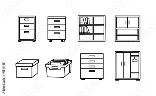Professional office filing furniture: filing cabinet, mobile pedestal, bookshelf, storage shelf, document box, archive crate, drawer unit, coat locker