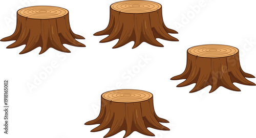 Tree Stump Set Isolated on White Background Cartoon Style Wooden Log Trunk Vector Illustration Collection