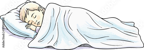 Soft colored vector art of a young child sleeping peacefully covered with a white blanket laying sideways on a pillow with a calm relaxed expression in cozy atmosphere