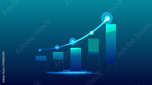 Business growth chart with increasing trend and glowing blue arrow