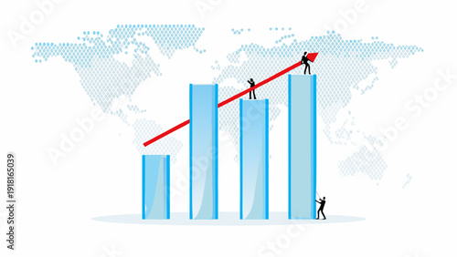 Business growth graph with rising bar chart and global map