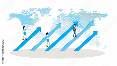 Business professionals ascending global growth arrows