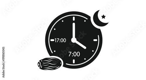 Clock showing seven o clock with crescent moon and date silhouette
