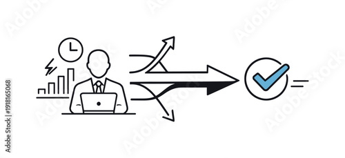 Efficient decision making in a fast paced business workflow emphasizing clarity under pressure, a branching path leading into a single arrow with a