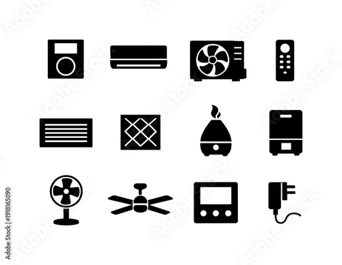 Smart home climate devices: thermostat, wall air conditioner, outdoor condenser, remote control, air vent, air filter, humidifier, dehumidifier, floor