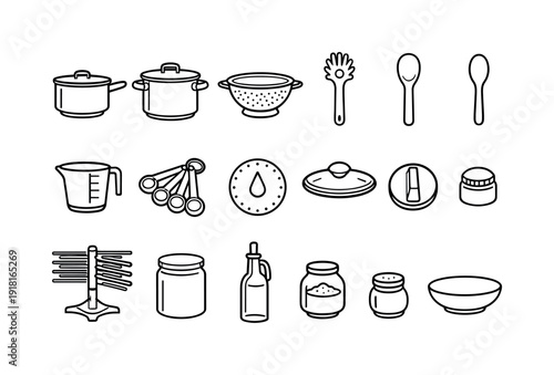 Home pasta cooking tools: saucepan, stockpot, colander, pasta server, wooden spoon, measuring cup, measuring spoon, kitchen timer, lid, stove knob