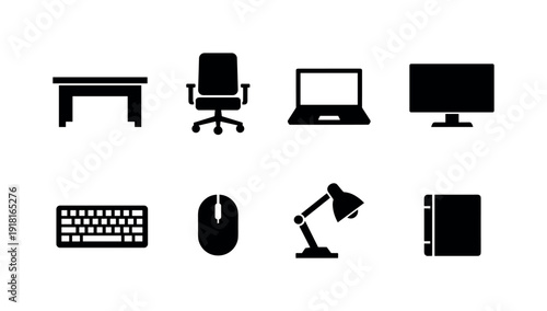 Office desk basics: office desk, office chair, laptop, monitor, keyboard, mouse, desk lamp, notebook