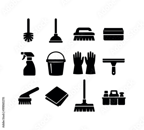 Home bathroom cleaning kit: toilet brush, plunger, scrub brush, sponge, spray bottle, bucket, rubber gloves, squeegee, grout brush, cleaning cloth