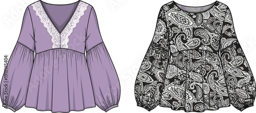 Elegant women long sleeve peasant blouse technical sketches featuring purple V neck lace trim and black white paisley floral pattern peplum designs.