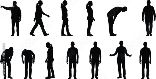Human body posture silhouette set showing standing, walking, bending, and gesture poses, representing movement study, behavior analysis, anatomy reference, and daily activity concept