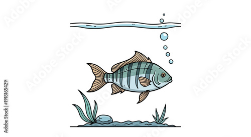 Cartoon Fish Swimming Underwater with Bubbles.
