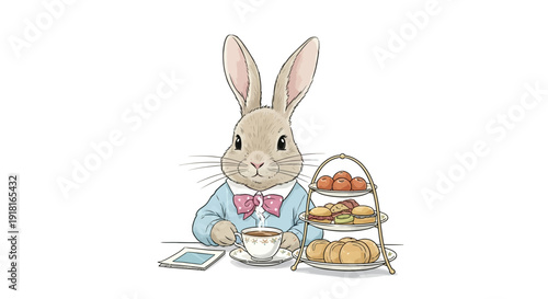Illustration of Peter Rabbit Drinking Tea.