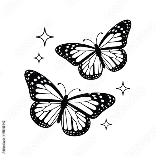 Two butterflies with detailed wings and sparkling stars in black and white