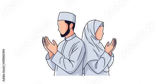 Muslim couple praying with hands raised in devotion illustration silhouette