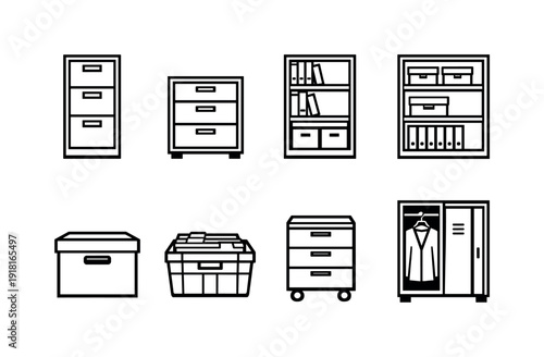 Professional office storage furniture: filing cabinet, drawer unit, bookshelf, storage shelf, archive box, document crate, mobile pedestal, coat