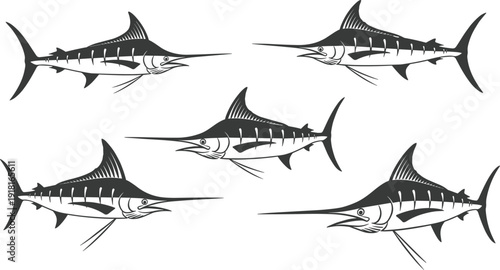 Marlin fish silhouette illustration set showing dynamic swimming poses, representing ocean wildlife, marine species, sport fishing, sea life, and aquatic nature concept