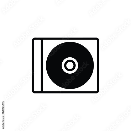 Simple black and white icon depicting a compact disc and case