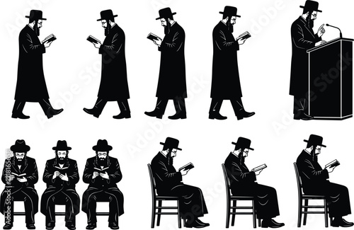 Orthodox Jewish rabbi silhouette set reading religious books, walking, sitting, and speaking at podium, traditional faith education leadership culture concept