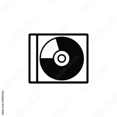 Simple black and white icon depicting a compact disc in its case
