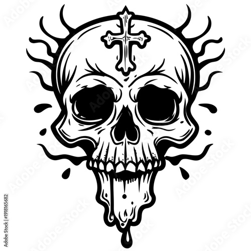Morbid Skull Head Line Art 