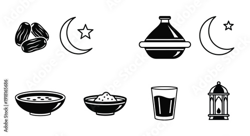 Ramadan icons depicting dates food and crescent moons silhouette