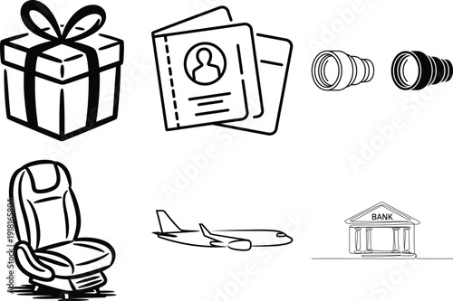 A digital vector illustration set of Christmas gift boxes and media icons featuring camera photography equipment and audio sound technology symbols for web design