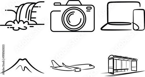Vector illustration set of household appliances and digital technology icons featuring kitchen machines and camera equipment isolated on white