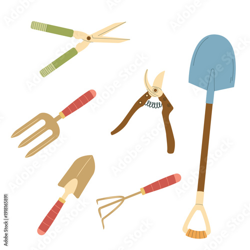 Vector set of assorted gardening hand tools including shovel, fork, rake, shears, and pruners.