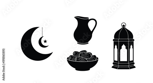 Ramadan symbols featuring a crescent moon dates and lantern silhouette