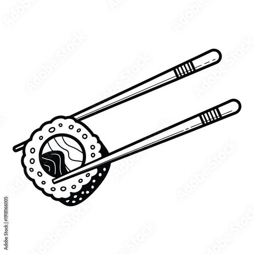A stylized illustration of sushi and chopsticks in black and white