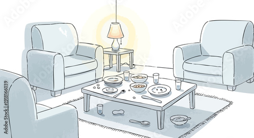 Minimalist vector art showing three light gray armchairs surrounding a low coffee table with bowls plates spoons and glasses in a cozy living room illuminated by warm table lamp light