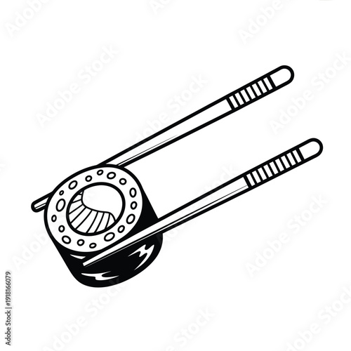 Black and white illustration of sushi roll with chopsticks simple design