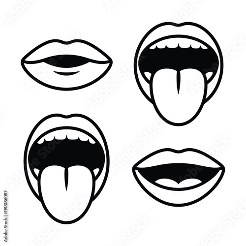 Four depictions of a mouth in various stages of opening and expression