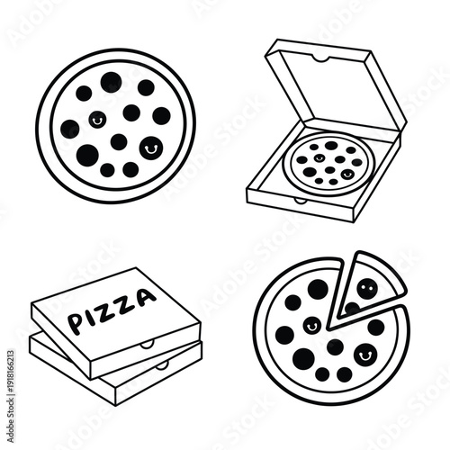 Line art illustration of pizza with various forms and packaging