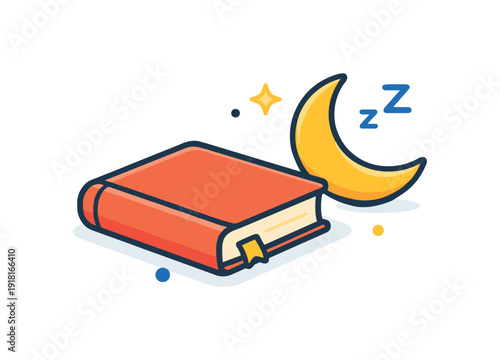 Calm daily habit of preparing a simple and comforting evening routine after routine tasks, a closed book paired with a crescent moon icon representing