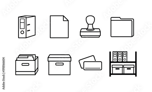 Brand governance materials outline solid black lines vector style: binder, paper sheet, stamp, folder, file box, archive box, label sticker, storage