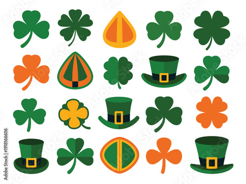 Assortment of green hats and orange shamrocks form a collection of Irish icons.