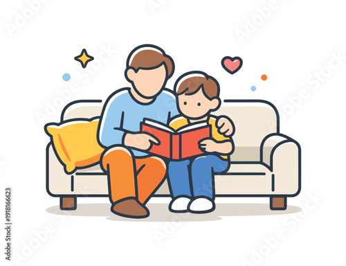 Everyday family care expressed through quiet supportive moment in daily home life, a parent gently sitting beside a child on a sofa reading a book