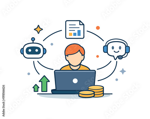 One person companies and solo founders building scalable income streams using AI to automate tasks, a compact workspace icon with a laptop and