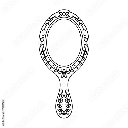Elegant hand mirror with ornate floral details black and white sketch