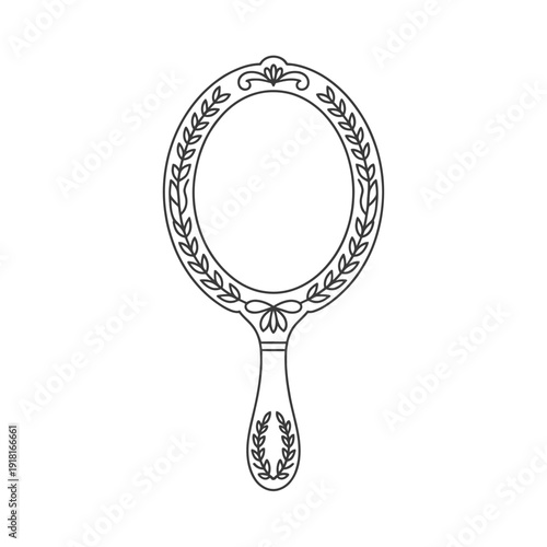 An elegant ornate hand mirror with floral details in black and white