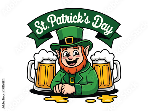 Happy leprechaun celebrates St Patrick's Day between two large foamy beer mugs.