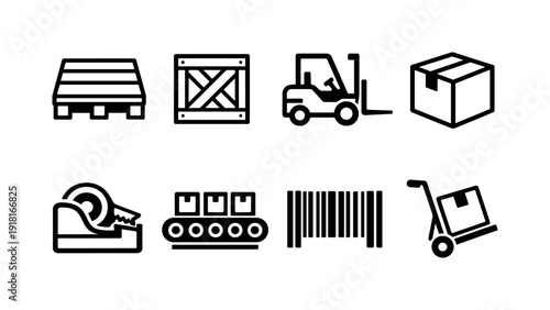 E-commerce Warehousing in linear style: pallet, crate, forklift, cardboard box, tape dispenser, conveyor belt, barcode, hand truck